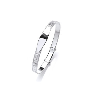 Silver Kids Oval ID Plate Bangle - Celtic Interwoven Pattern (55mm)