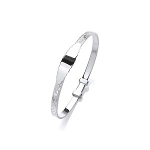 Silver Kids Oval ID Plate Bangle With Floral Design Engraving (55mm)