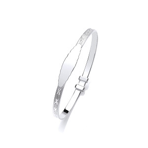 Silver Kids Oval ID Plate Bangle With Etched Pattern Motifs (55mm)