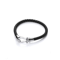 Gents Stainless Steel & Black Leather Plait Buckle Bracelet