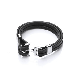 Gents Stainless Steel Anchor & Black Double Leather Bracelet