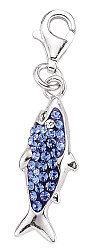 925 Sterling Silver Fish Charm with Blue Crystals