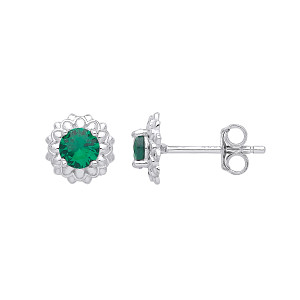 Silver CZ & Emerald Stud Earrings
