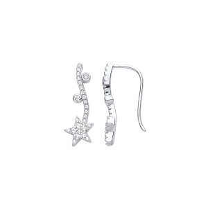 Silver CZ Fancy Star Line Drop Earrings
