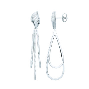 Silver CZ Pave Set Triple Line Pear Shape Drop Earrings