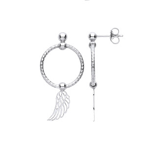 Silver Twist Hoop Drop Earring With Angel Wing Charm