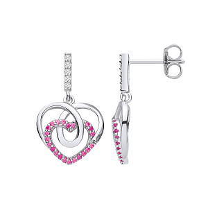 Silver CZ & Ruby Cluster Drop Earrings