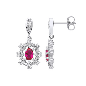 Silver CZ & Ruby Cluster Drop Earrings