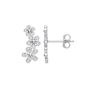 Silver CZ Flower Cuff Stud Earrings