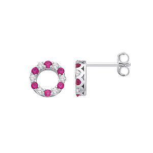 Silver CZ & Ruby Circle Stud Earrings