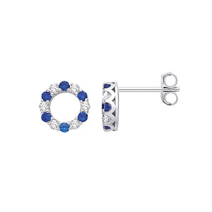 Silver CZ & Sapphire Circle Stud Earrings