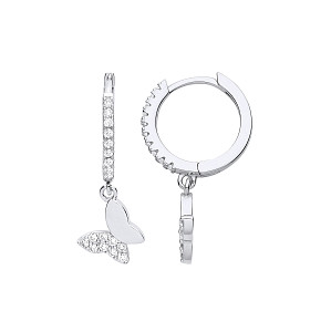 Silver CZ Butterfly Hoop Drop Earrings
