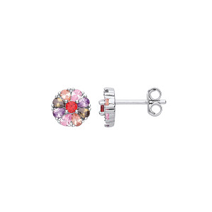 Silver CZ Multi-Color Round Stud Earrings