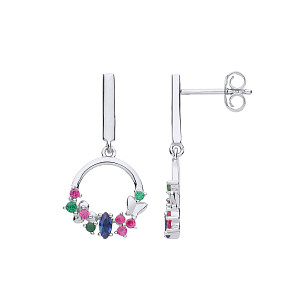 Silver CZ Multi-Color Circle Drop Earrings