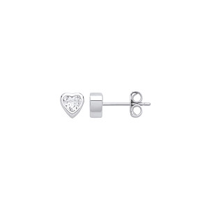 Silver CZ Rubover Heart Stud Earrings