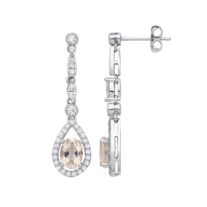 Silver Green Amethyst & White CZ Pear Drop Earrings