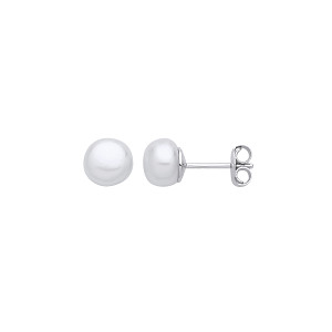 Silver Earrings with 9.5 - 10mm White Button Shape Fresh Water Pearl