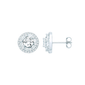 Silver CZ Fancy Round & Baguette Stud Earrings