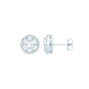 Silver CZ Fancy Round & Baguette Stud Earrings