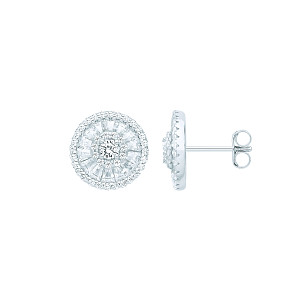 Silver CZ Fancy Round & Baguette Stud Earrings