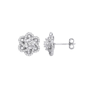 Silver CZ Flower Stud Earrings