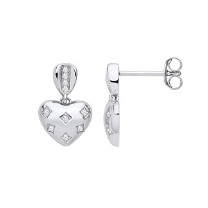 Silver CZ Fancy Heart Drop Earrings