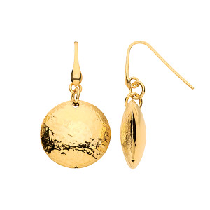 Gold Plated Puffed & Barked Circle Drop Earrings