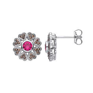Silver CZ & Ruby Flower Stud Earrings