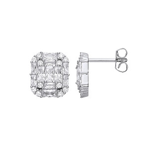 Silver CZ Emerald-Cut Stud Earrings
