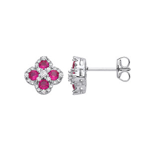 Silver CZ & Ruby Clover Stud Earrings
