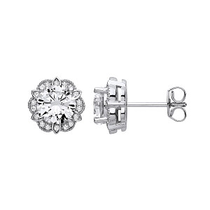 Silver CZ Flower Stud Earrings