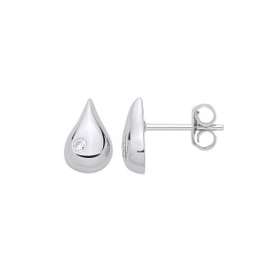 Silver Domed Tear Drop Stud Earrings