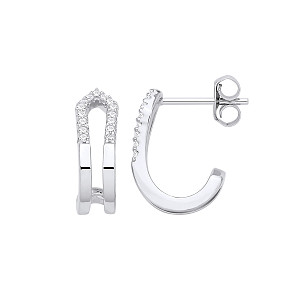 Silver CZ Double Row Half Hoop Earrings