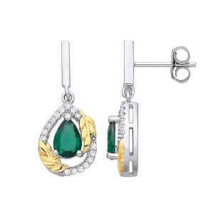 Silver & Gold Plated CZ & Emerald Tear Drop Earrings
