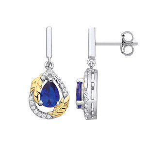 Silver & Gold Plated CZ & Sapphire Tear Drop Earrings