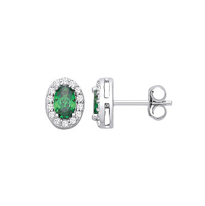 Silver CZ Oval CZ & Emerald Halo Stud Earrings