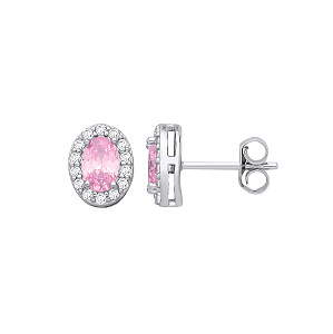 Silver CZ Oval CZ & Pink Halo Stud Earrings