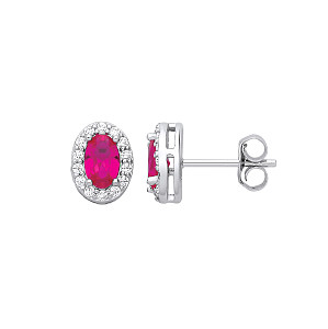 Silver CZ Oval CZ & Ruby Halo Stud Earrings