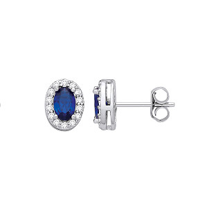 Silver CZ Oval CZ & Sapphire Halo Stud Earrings