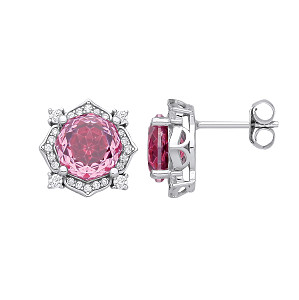 Silver CZ Pink Accola Octagonal Rose Cut Stud Earrings