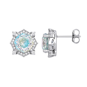 Silver CZ Paraiba Tourmaline Octagonal Rose Cut Stud Earrings