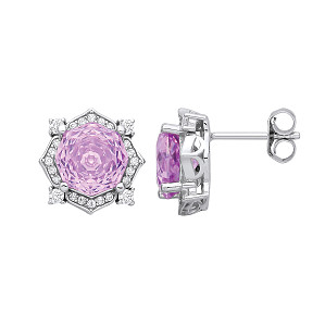 Silver CZ Purple Octagonal Rose Cut Stud Earrings
