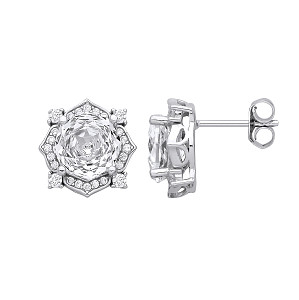 Silver CZ White Octagonal Rose Cut Stud Earrings