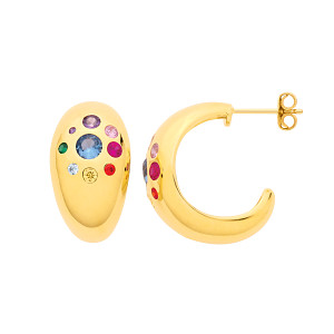 Gold Plated Multi Coloured CZ Domed Half Hoop Earrings