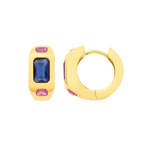 Gold Plated CZ Rose & Sapphire Huggie Hoop Earrings