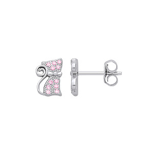 Silver Pink CZ Cat Stud Earrings