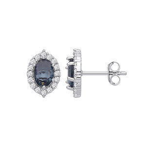 Silver CZ Blue Topaz Oval Drop Earrings