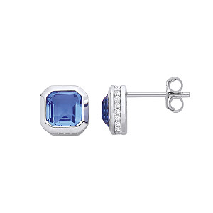 Silver CZ Blue Tourmaline Square Stud Earrings