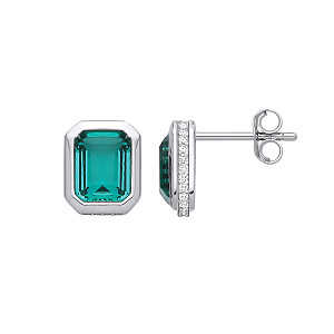Silver CZ & Emerald Bezel Stud Earrings