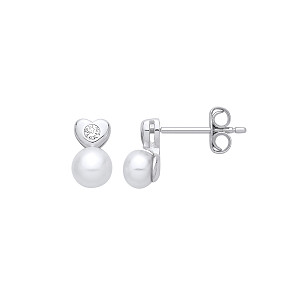 Silver CZ & Fresh Water Pearl Heart Stud Earrings